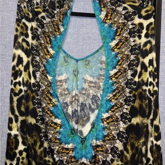 RARE! EUC Camilla Long Halter Dress Leopard Peacock Feather V Neck Studs Crystal - Picture 5 of 8